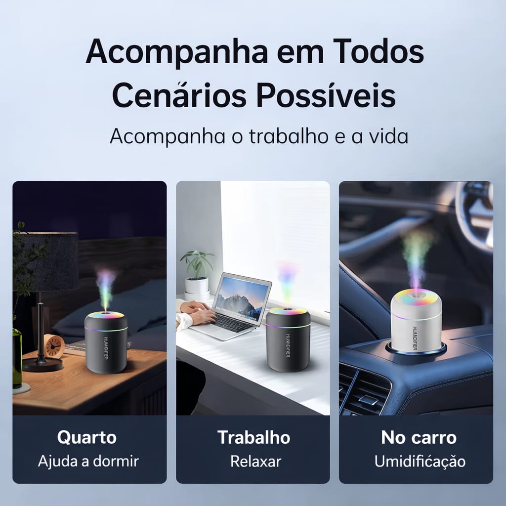Mini Umidificador USB 180ml com Difusor de Aromas e Luz LED